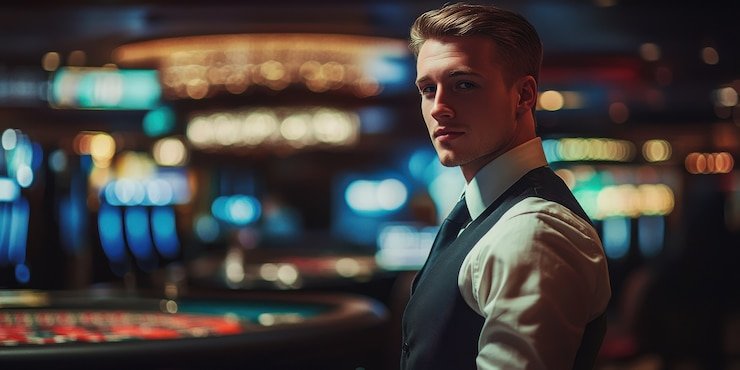 Dealer langsung permainan kartu baccarat di studio madrid303 dengan tata letak meja premium